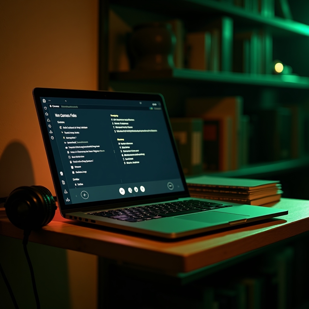 Laptop mit geöffneter Wiedergabeliste von Aufzeichnungen neben einem Notizblock auf einem Holzregal