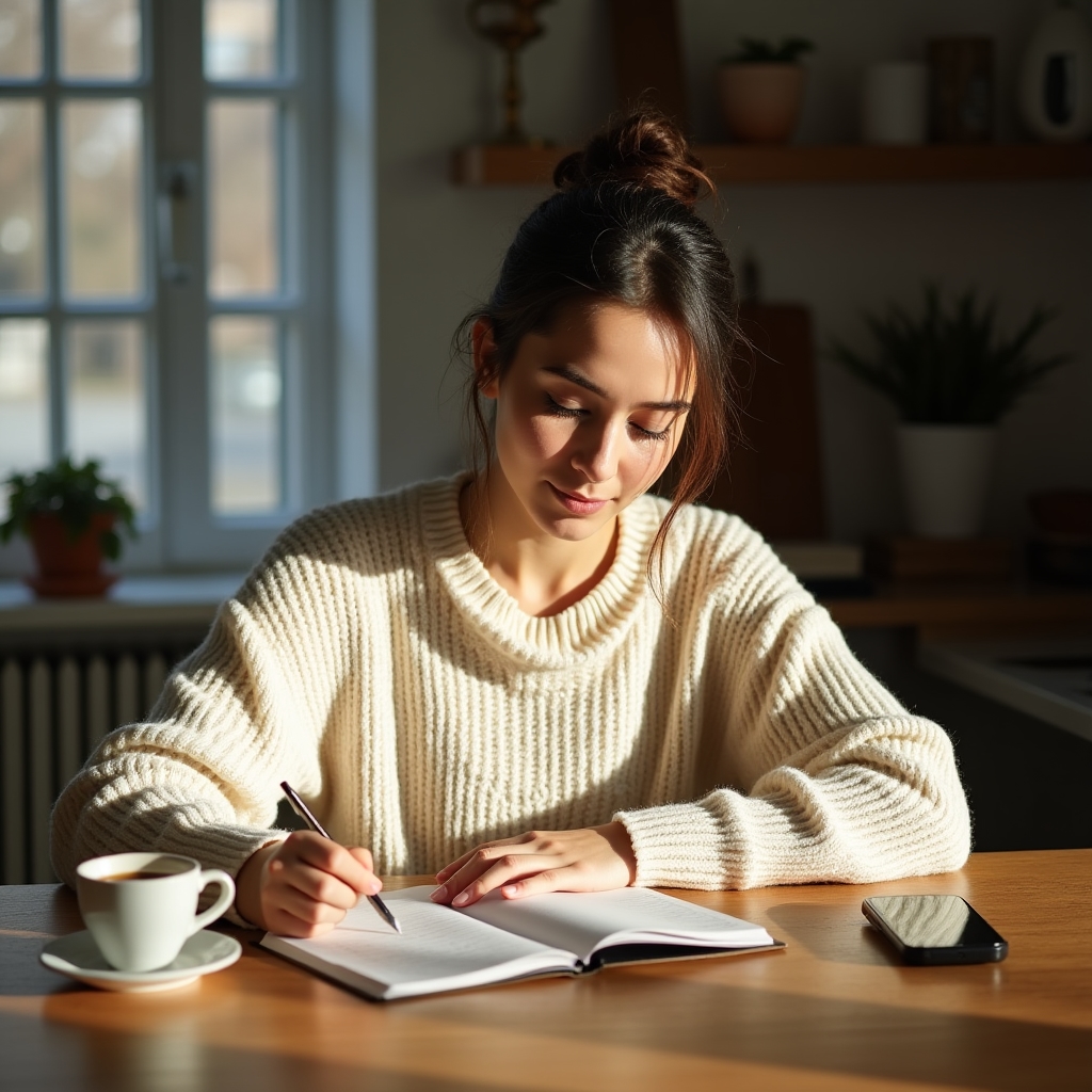 Person sitzt am Morgen am Küchentisch und schaut ruhig auf ein Notizbuch mit Budgetübersicht