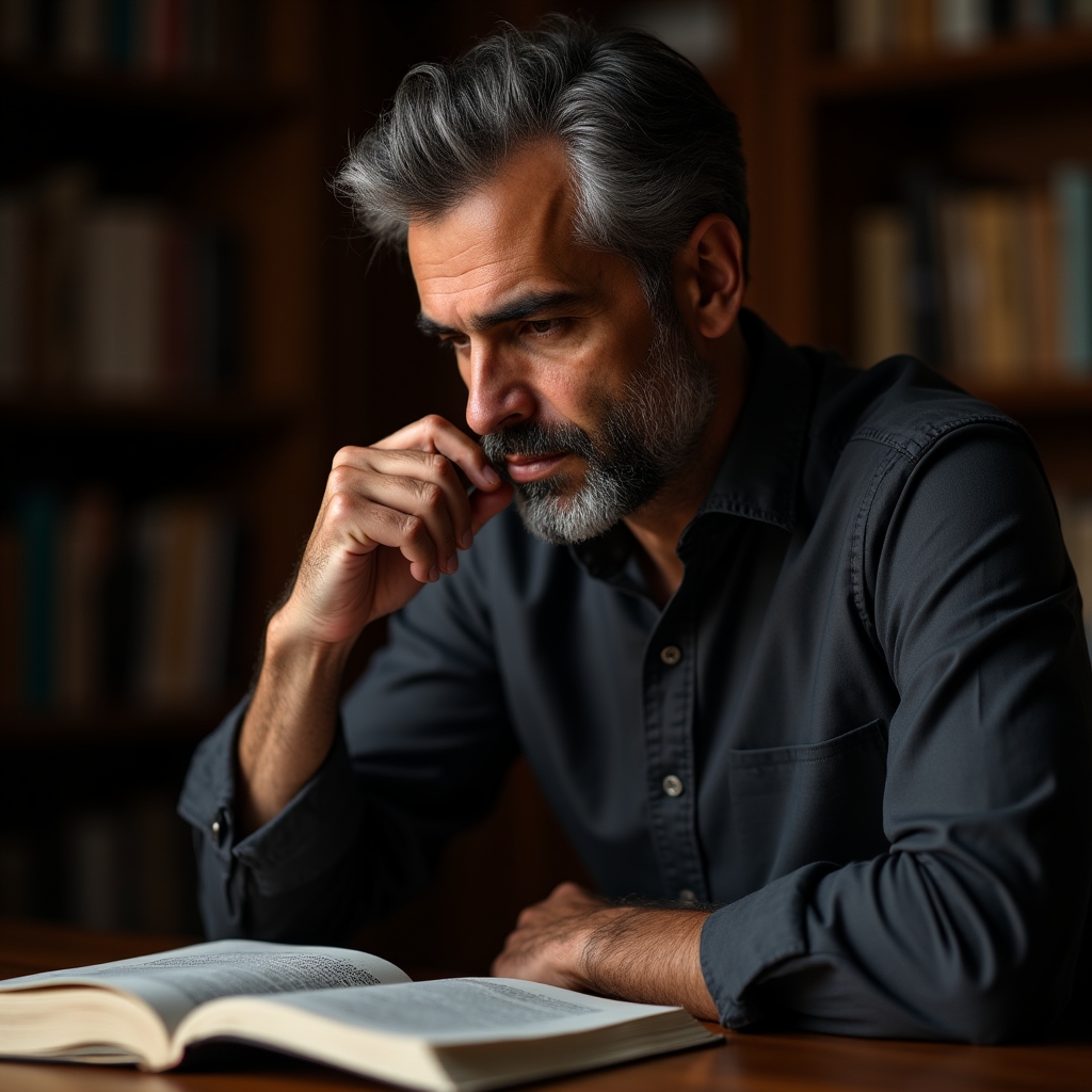 Nahaufnahme einer Person mittleren Alters, die konzentriert einen Textentwurf am Schreibtisch liest