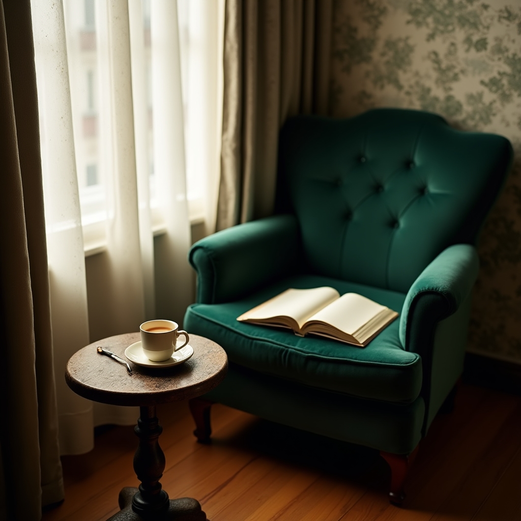 Ruhige Leseecke mit aufgeschlagenem Notizbuch, Tasse Tee und weichem Fensterlicht